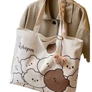 Cute Japanese style canvas tote bag for women, large capacity casual shoulder bag daily use.