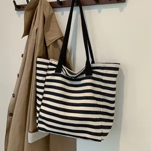 Women Large Capacity Canvas Tote Bag Casual Stripe Commuter Handbag Simple Shoulder Bag Shopper Bag