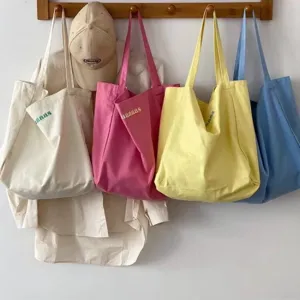 Women Casual Canvas Tote Bag Large Capacity Candy Color Letter Print Shoulder Bag Simple Eco Shopping Handbag