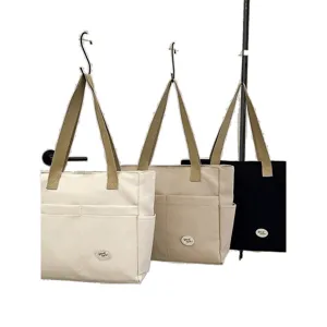 Canvas tote bag casual shoulder handbag simple commuter canvas bag with multi-pockets