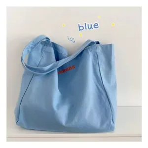 Light blue canvas tote bag for women minimalist casual shoulder bag student shopping bag
