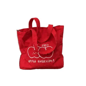 Red corduroy tote bag with cute apple embroidery, large capacity casual shoulder bag for women.
