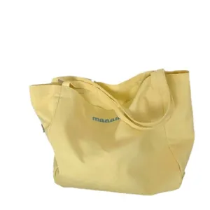 Yellow canvas tote bag with letter print, casual shoulder bag for students and daily shopping.