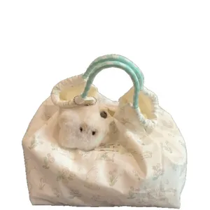 Cute rabbit print canvas tote bag, large capacity Korean style handbag for students.