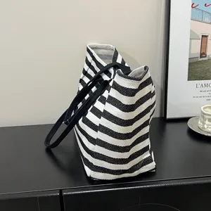 Black and white striped canvas tote bag large capacity commuter handbag for women casual shoulder