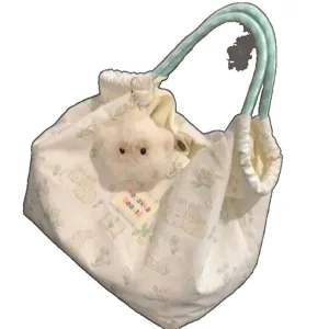 Cute printed canvas tote bag, large capacity shoulder bag for women and students with rabbit design.