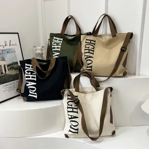 Grande Capacité Sac Cabas en Toile Décontracté Rétro Sac Bandoulière Épaule Avec Impression de Lettres Sac à Main Quotidien pour Femmes
