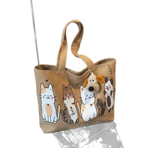 Korean style canvas tote bag, large capacity casual shoulder bag with cute cat prints.