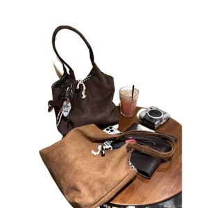 Brown suede tote bag for women, vintage autumn winter large capacity shoulder handbag.