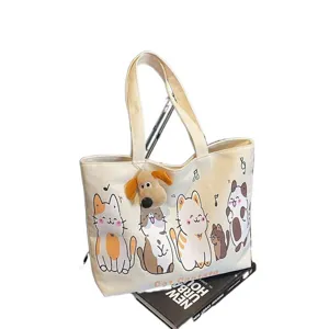Korean style canvas tote bag, large capacity shoulder bag with cute cartoon cat print and 3D plush dog.