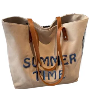 Canvas tote bag for women large capacity casual shoulder bag with embroidered summer time letters
