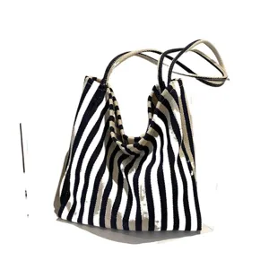 Casual canvas striped tote bag, vintage black and white shoulder bag for women daily shopping.