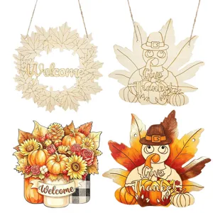 Halloween Thanksgiving Christmas Unfinished Wood Slices DIY Wooden Hanging Sign For Door Decor Pumpkin Turkey Maple Leaf Wall Plaque Crafts