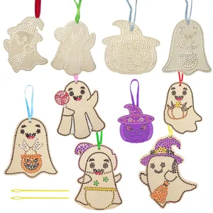 Kits de Punto de Cruz de Madera de Bricolaje de Halloween para Niños Bordado de Madera Contrachapada de Álamo Adornos Fantasma