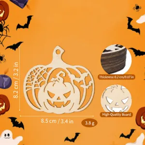 Vista detallada del adorno de madera de calabaza de Halloween con dimensiones y grosor.