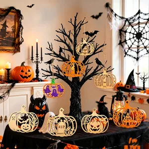 Adornos de calabaza de madera para manualidades, decoraciones colgantes de Halloween.