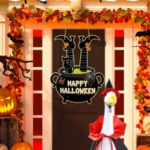 Halloween wooden door sign hanging plaque with witch legs and cat for holiday front door decor
