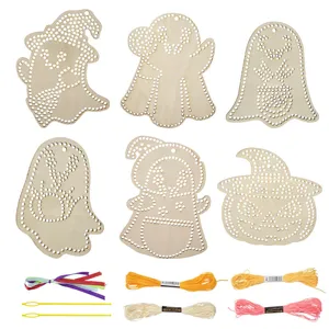 Kit de punto de cruz de madera de Halloween niños DIY bordado decoraciones con hilos