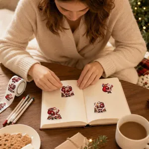 Vista dettagliata degli adesivi decorativi di Babbo Natale applicati su un diario.
