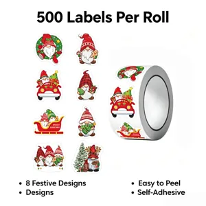 Rotolo di adesivi gnomo di Natale con 500 etichette e 8 design festivi per pacchetti regalo.