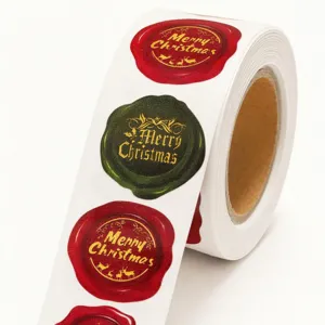 Retro Christmas wax seal stickers roll, gold Merry Christmas foil labels for holiday gift sealing.