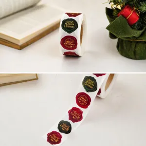Detailed view of retro Christmas wax seal stickers roll, elegant holiday sealing labels.