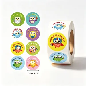Cute cartoon owl reward stickers roll for kids classroom motivation, 500 pcs per roll.