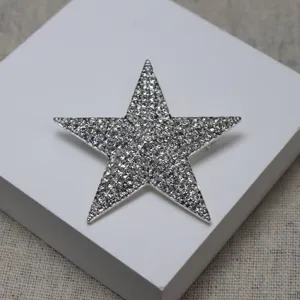 Sparkling rhinestone star brooch close-up, elegant silver tone accessory for suits and bags.
