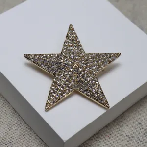 Detail view of the elegant rhinestone five-pointed star brooch with a gold-tone setting.