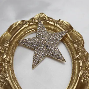 Exquisite rhinestone star brooch detail, sparkling crystal and vintage gold tone accessory.