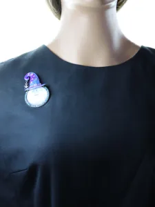 Vintage iridescent moon face brooch pendant, crystal rhinestone wizard hat pin for women.