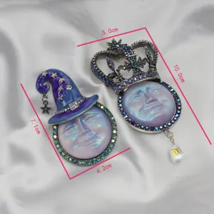 Vintage celestial moon face brooch pendant set, mystic wizard hat crown rhinestone design.