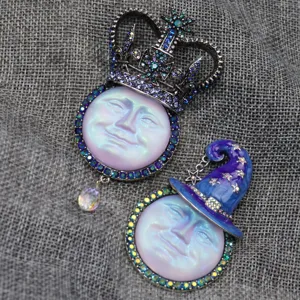 Vintage moon face brooch pendant set featuring crystal crown and witch hat celestial jewelry.