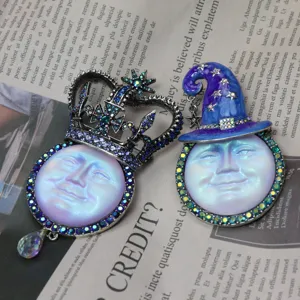 Vintage Moon Face Brooch Pin Crown Wizard Hat Iridescent Rhinestone Antique Silver Pendant