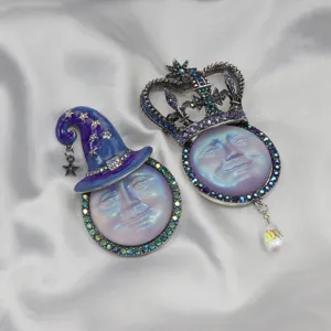 Vintage iridescent moon face rhinestone brooch pendant set, antique silver magic crown style.
