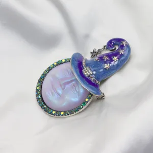 Vintage celestial moon face witch hat brooch pin, iridescent enamel rhinestone jewelry pendant.
