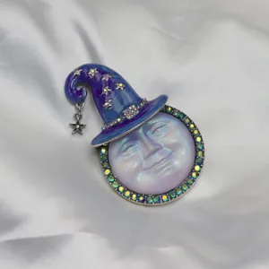 Vintage wizard hat moon brooch pendant with colorful rhinestones and iridescent face design.