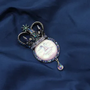 Vintage man in the moon rhinestone crown brooch pendant, exquisite detailed accessory.