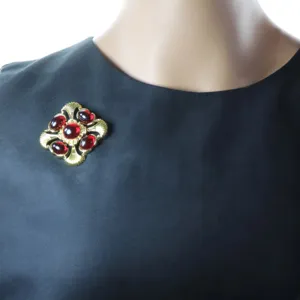 Vintage Rétro Verre Rouge Creux Croix Broche Et Pendentif De Couleur Or Bijoux
