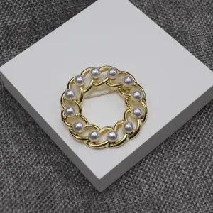 Vintage Hollow Chain Ring Artificial Pearl Brooch And S925 Silver Needle Earrings Set Gold Alloy Fashion Jewelry