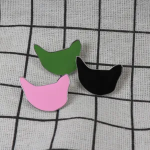 Lot de broches chat en émail, accessoires métalliques mignons en vert, rose et noir.