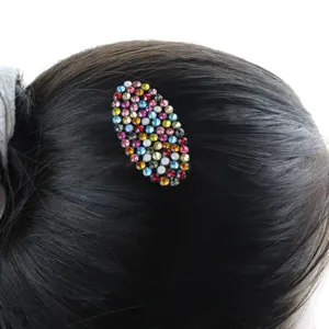 Detailed view of the colorful crystal rhinestone oval hair clip, sparkling multi-color stones.