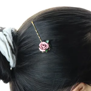 Vintage handmade enamel painted rose hairpin bobby pin elegant hair accessory for women