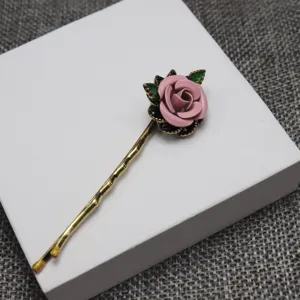 Vintage Handmade Enamel Rose Flower Hair Clip Retro Metal Side Clip Hanfu Hair Accessories For Women