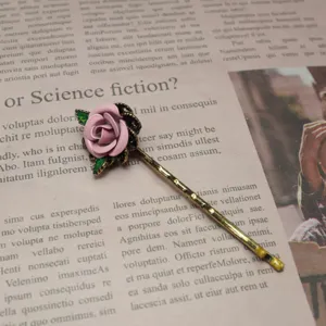 Retro handmade enamel rose flower hairpin bobby pin vintage hair accessory detail view design