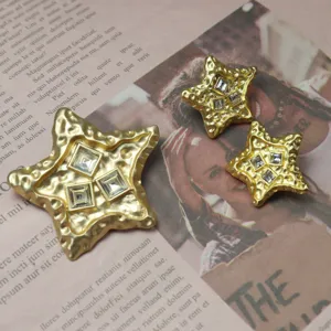 Vintage lava five-point star rhinestone brooch and earrings set, elegant retro jewelry.