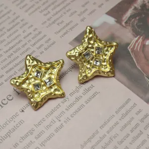 Vintage gold-plated lava texture star earrings featuring sparkling square rhinestone details.