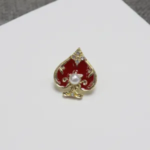 Spade shaped red enamel pearl brooch pin vintage lapel badge for clothes hat bag gift