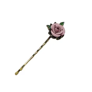 Vintage Enamel Rose Hair Pin Retro Bronze Bobby Clip Elegant Flower Hanfu Hair Accessory