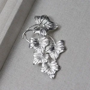 Vintage silver leaf brooch pin, elegant plant shape clothing accessory for women gift.